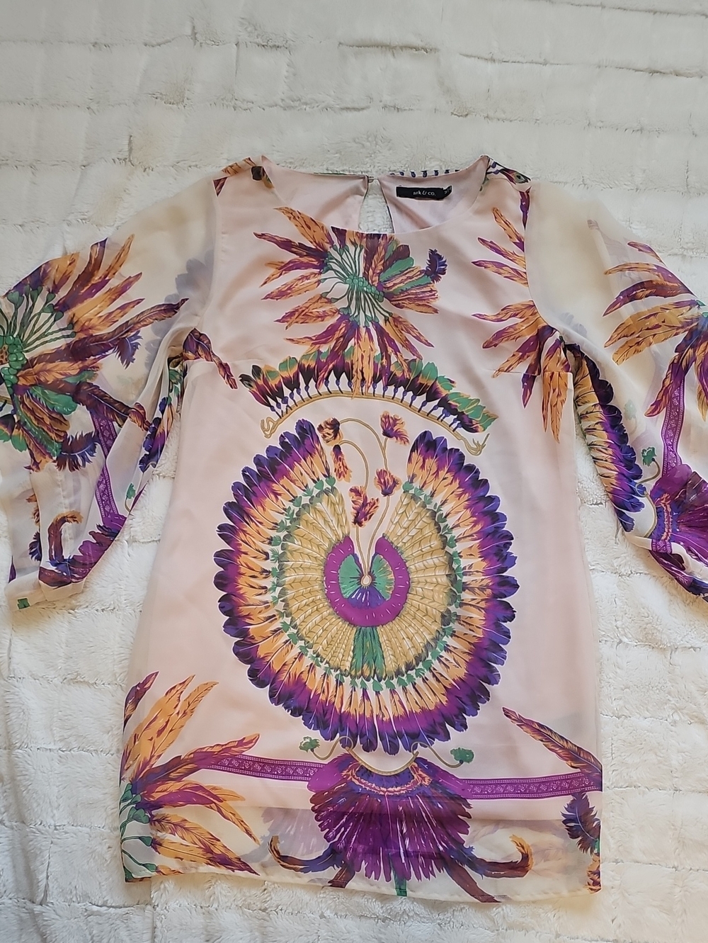 Ark & Co Pink Floral-Peacock Print Sheer Tunic